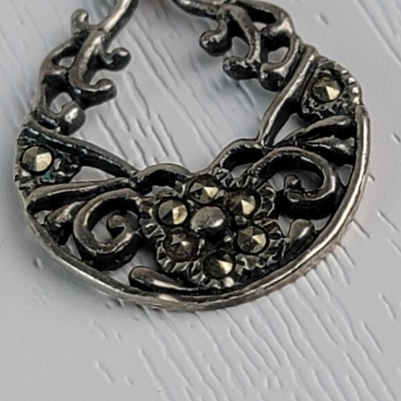 Vtg. Signed MO 925 Sterling Silver Marcasite Dangle Earrings 0.5" Pierced Hook - Picture 3 of 8
